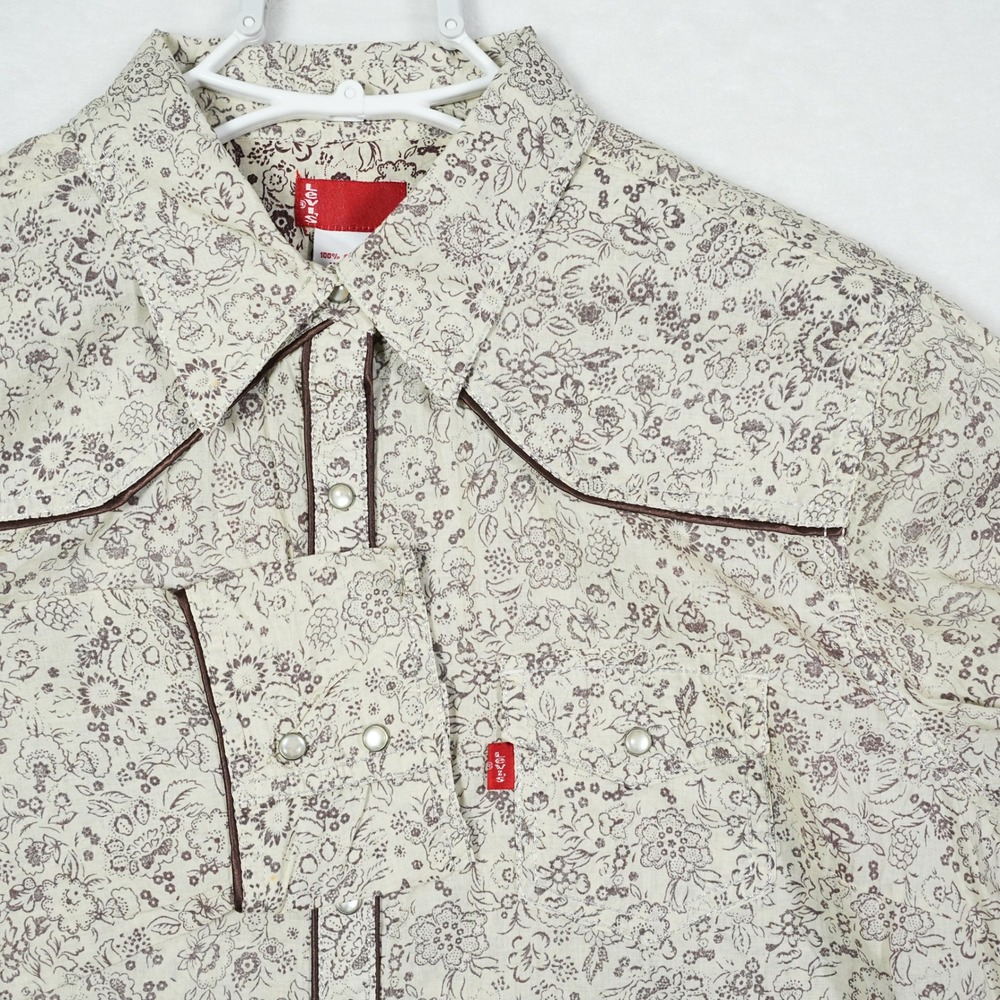 Levis Womens XL Western Snap Shirt Floral Cream Brown Pearl Snap Long Sleeve
